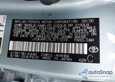 2020 Toyota Prius Xle z USA, uszkodzony, nr VIN JTDKARFU7L3117274